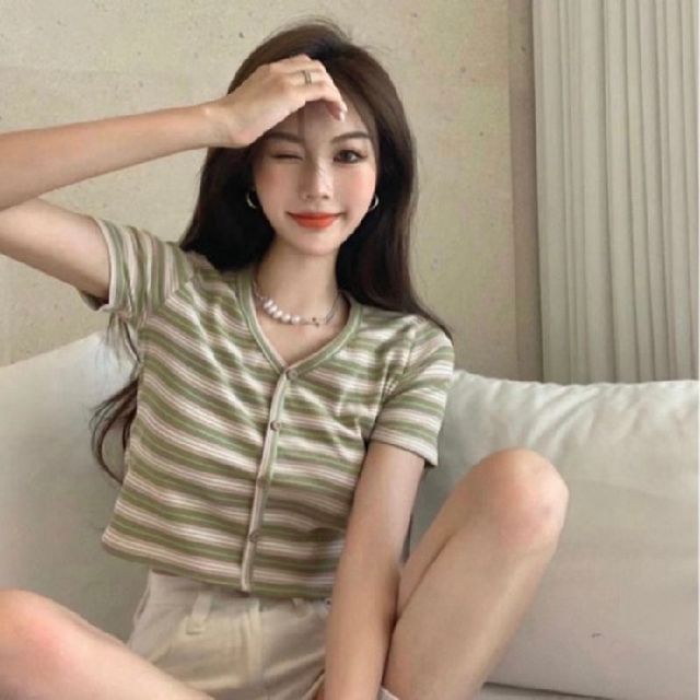 Short-Sleeve Crop Tee Button-Up V-Neck Striped