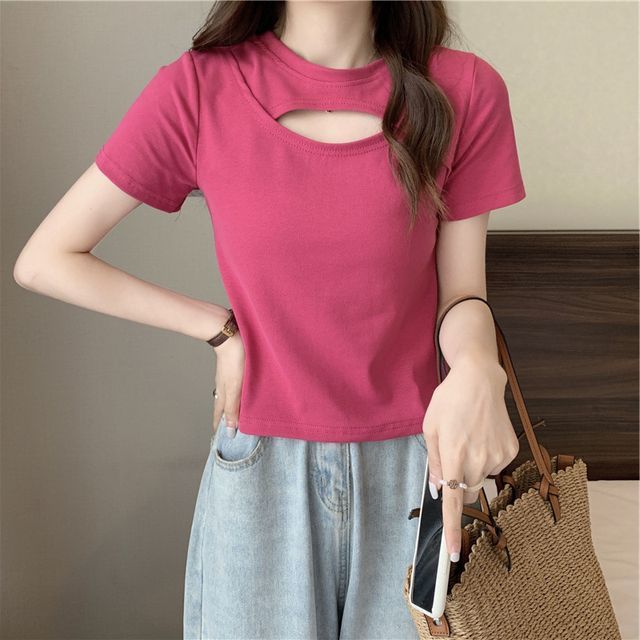 Cut Short-Sleeve T-Shirt Plain Neck Crew Out