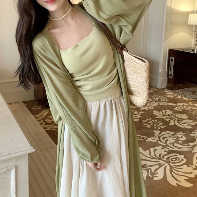 Midi Front Plain Cardigan Open