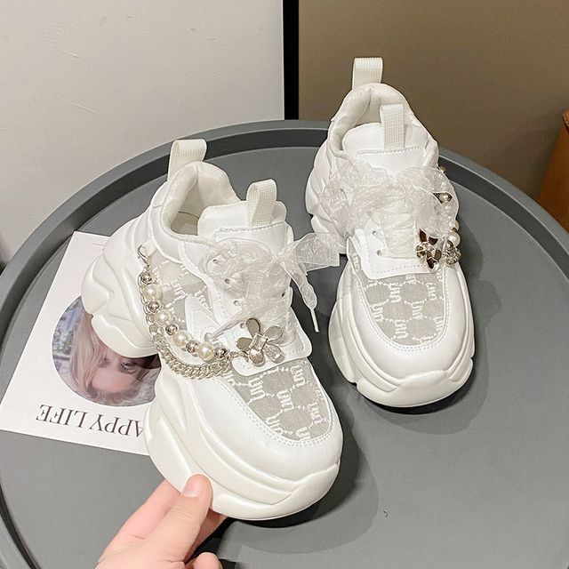 Platform Lace Pearl Lace-Up Pattered Panel Faux Sneakers