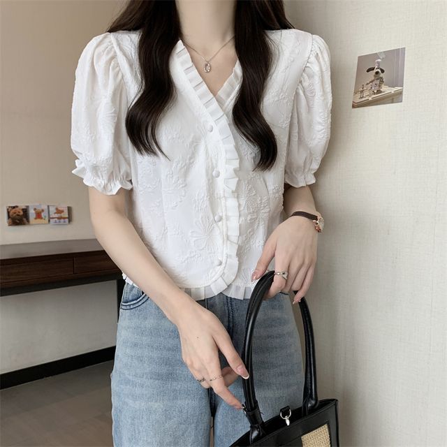 Jacquard V-Neck Blouse Frill Short-Sleeve