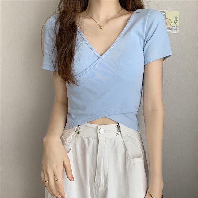T-Shirt Crop Wrap Short-Sleeve Plain V-Neck