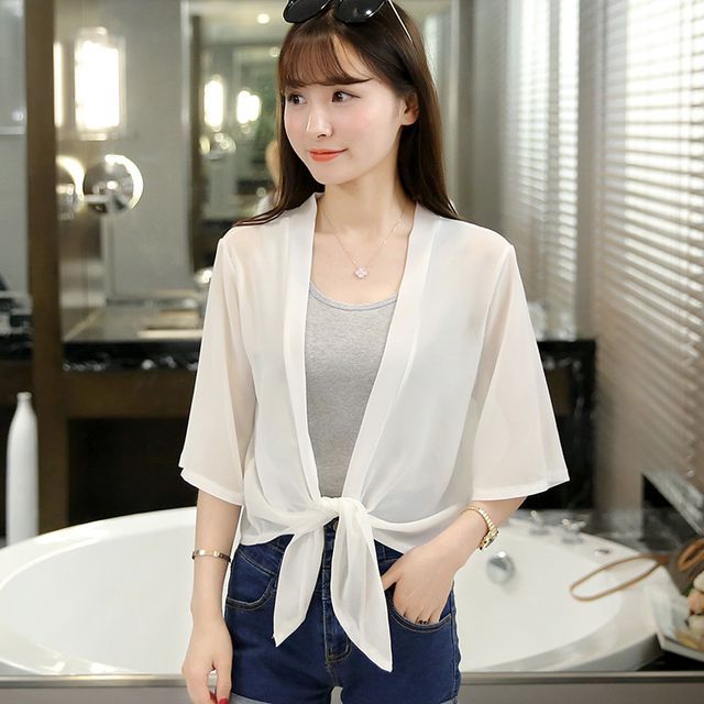 Elbow-Sleeve Tie Front Jacket Plain Chiffon Crop