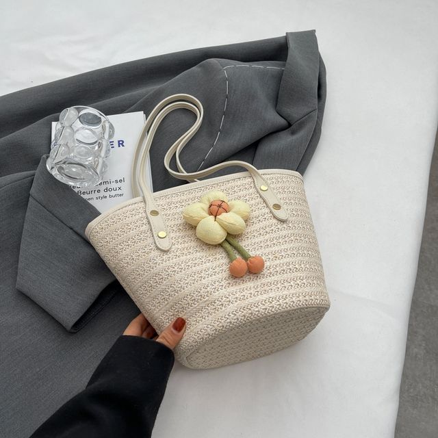 Sac fourre-tout en paille avec détails floraux