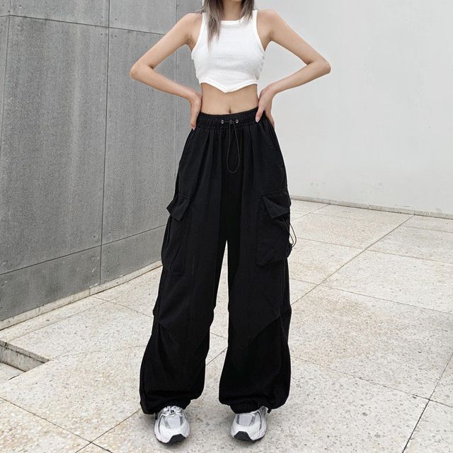 Plain Pants Waist Wide Drawstring Cargo Leg