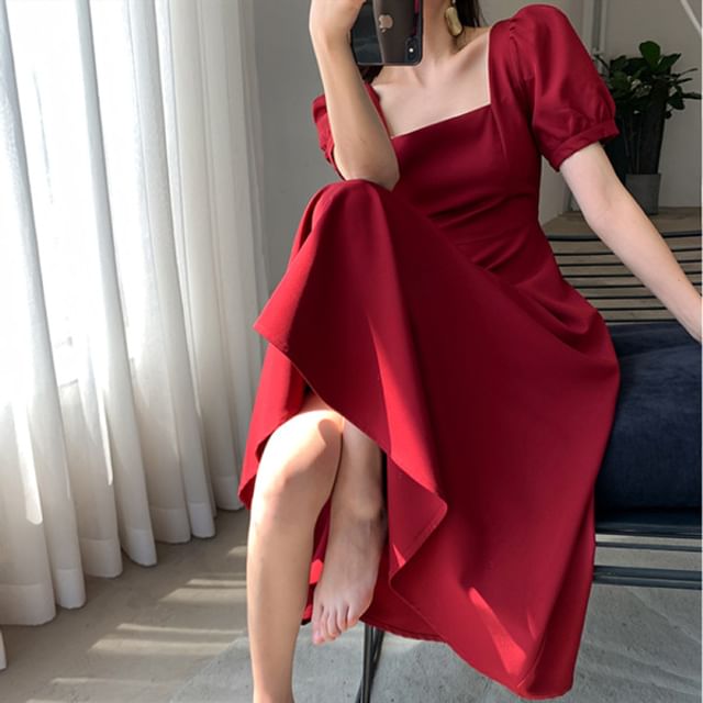 Square Dress Short-Sleeve Neck Plain A-Line Midi