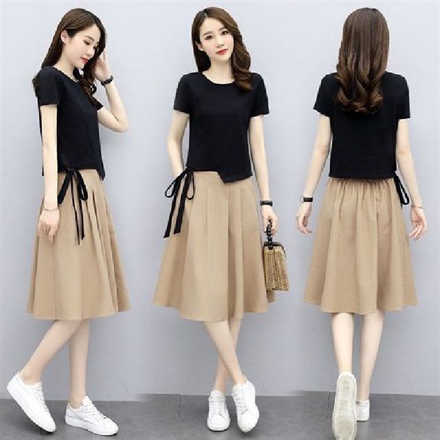 Round Plain + Waist Short-Sleeve T-Shirt Set: Neck Midi Skirt A-Line Elastic