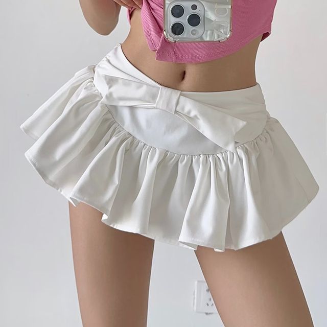 Mid A-Line Mini Plain bow Waist Skirt