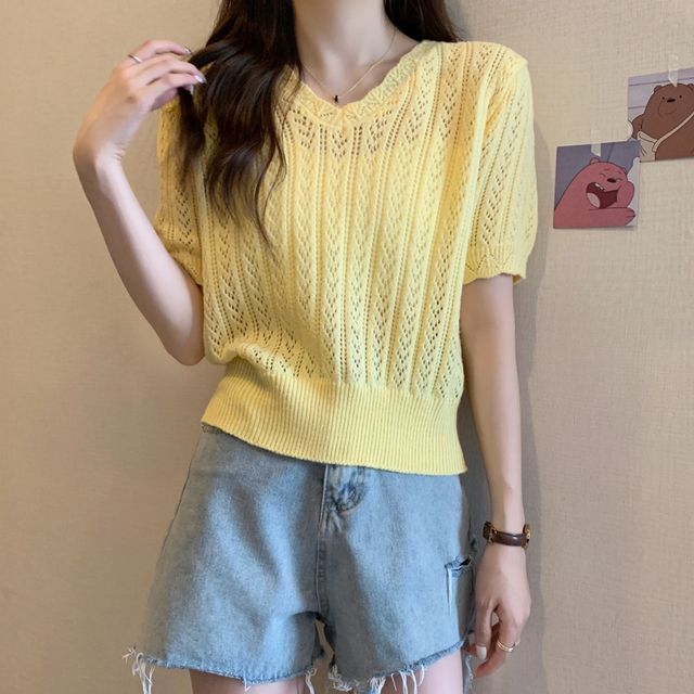 V-Neck Short-Sleeve Crochet Top Knit