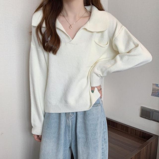 Loose-Fit Plain Sweater V-Neck
