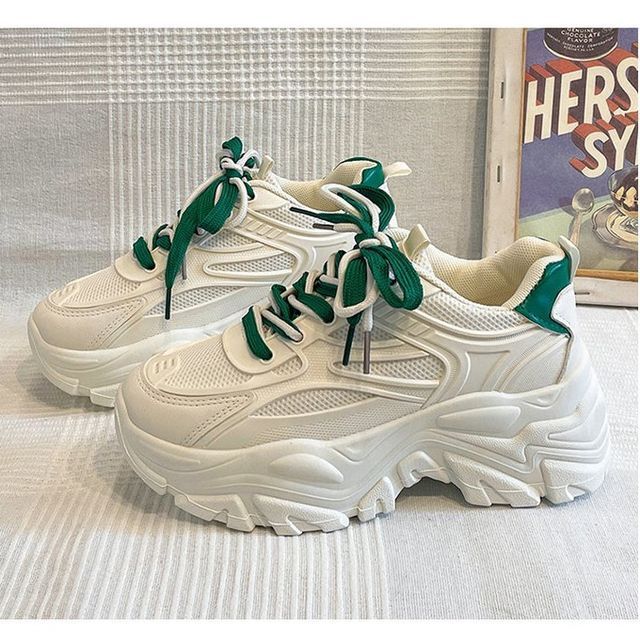 Leather Tone Platform Lace-Up Faux Mesh Sneakers Two Panel