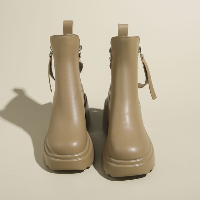 Short Heel Boots Platform Leather Faux Chunky