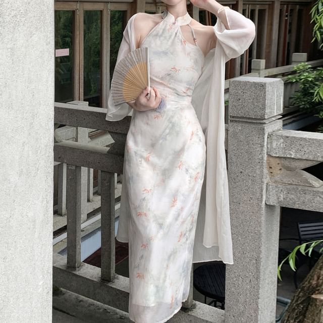 Qipao midi fleuri à col licou / Veste longue légère / Ensemble