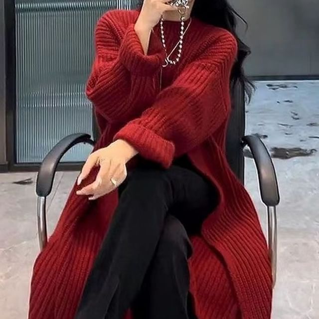 Midi Plain Slit Crew Sweater Dress Neck