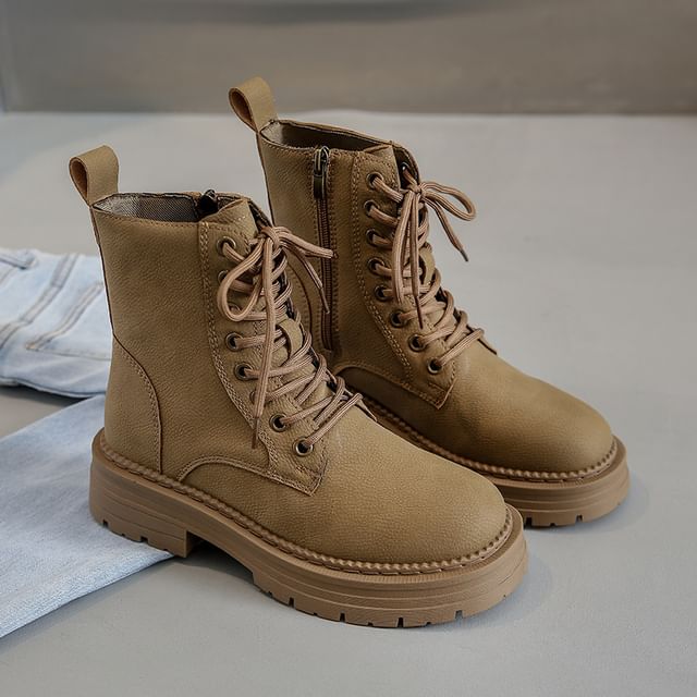 Faux Leather Chunky Plain Heel Short Boots Lace-Up