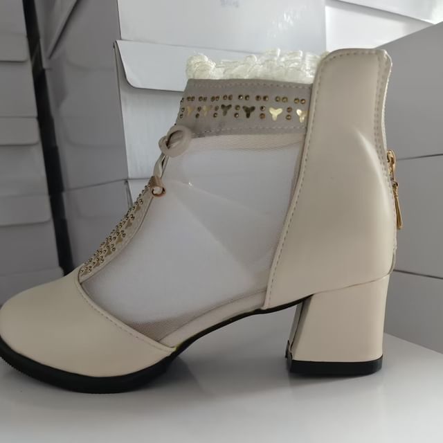 Heel Boots Mesh Trim Pointed Ankle Panel Lace Chunky