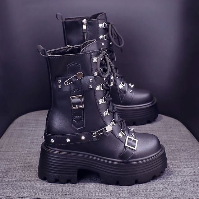 Boots Platform Buckled Short Heel Chunky Leather Faux Lace-Up