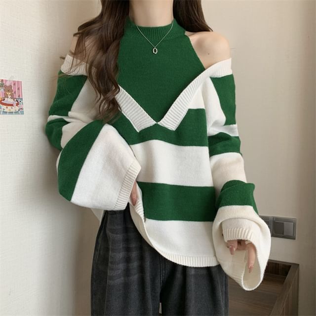 Two-Piece Sweater Striped Mock Long-Sleeve