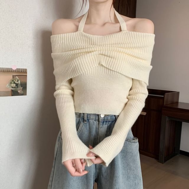 Off-Shoulder Long-Sleeve Sweater Halter