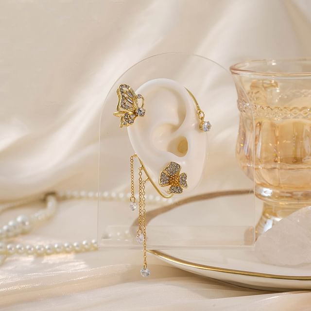 Manchette d'oreille en alliage à franges et strass en forme de papillon