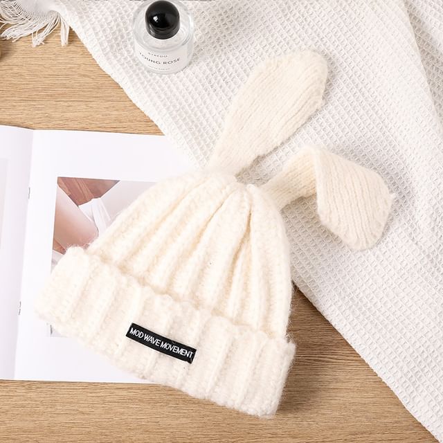 Lettering Beanie Rabbit Knit Ear Applique