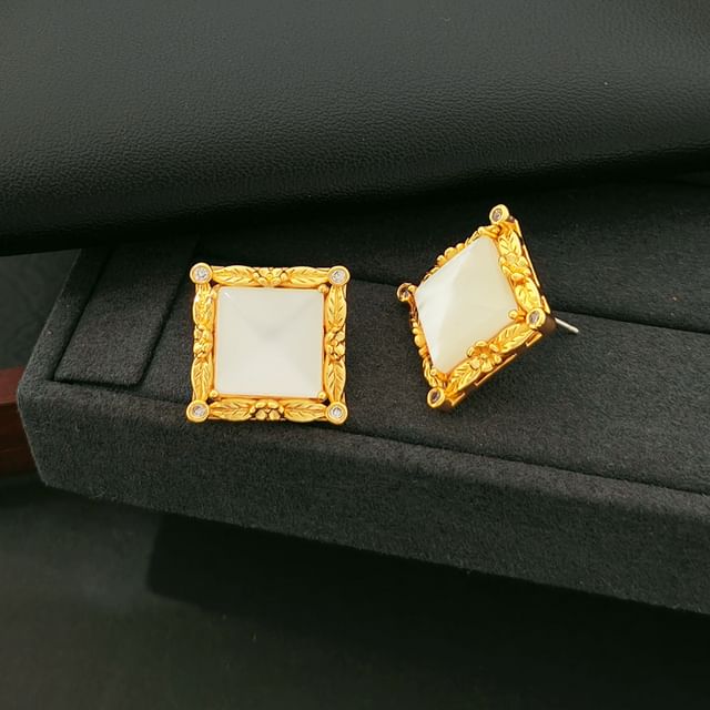 Boucles d'oreilles à tige carrées en alliage avec strass et pierre œil de chat synthétique