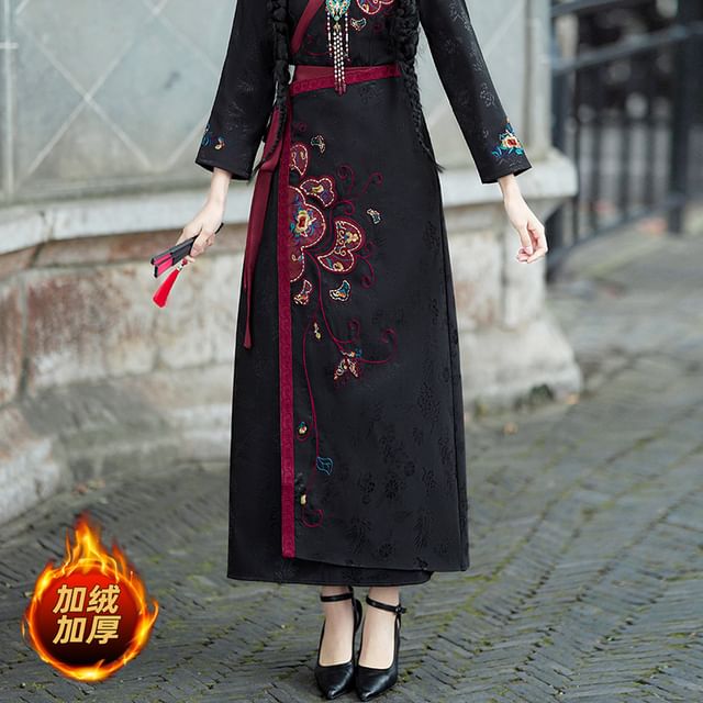 Chemisier fleuri à col en V / Jupe trapèze longue à motif Hanfu taille mi-haute