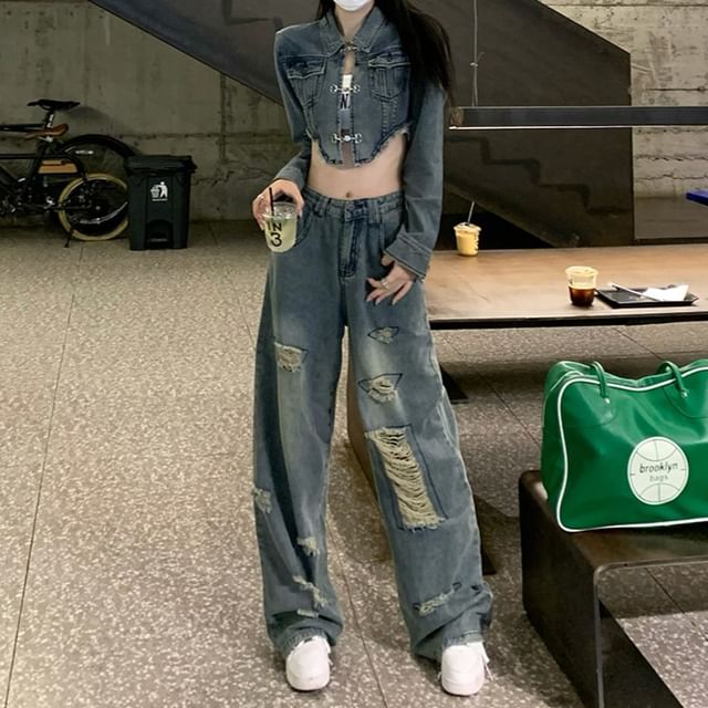 Veste courte en jean délavé à franges asymétriques à col / Jean large taille mi-haute vieilli / Ensemble