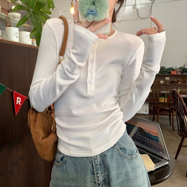 T-shirt Henley uni à manches longues et col ras du cou