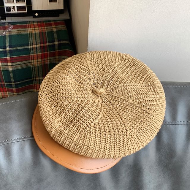 Knit Newsboy Faux Panel Leather Cap