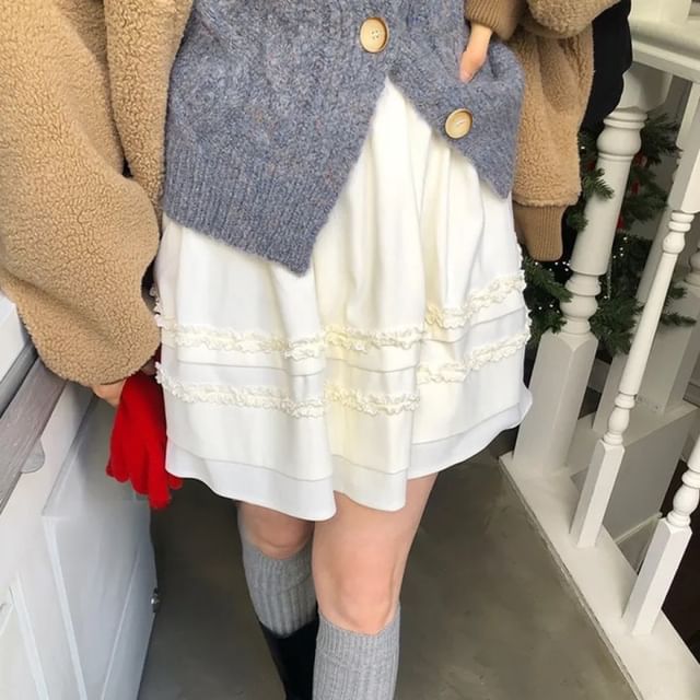 Jupe trapèze mini à volants taille haute unie