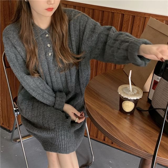 Dress Mini Sweater Plain Long-Sleeve Polo-Neck