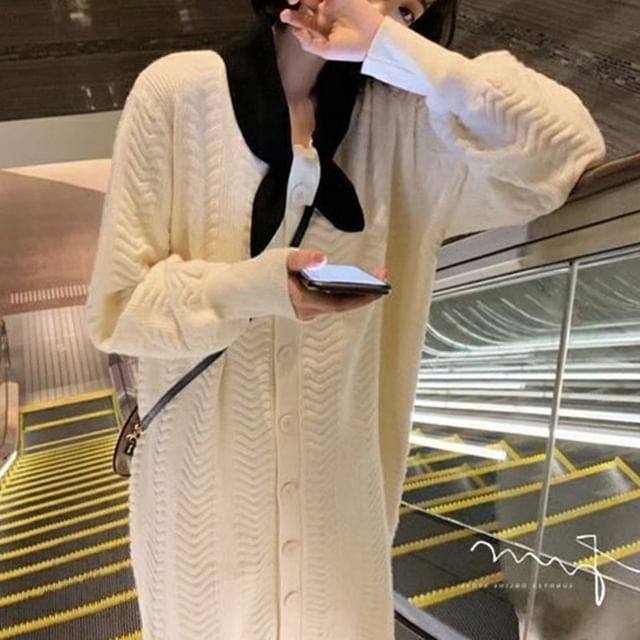 Dress Midi Button-Up Puff-Sleeve Plain Tie-Neck Knit