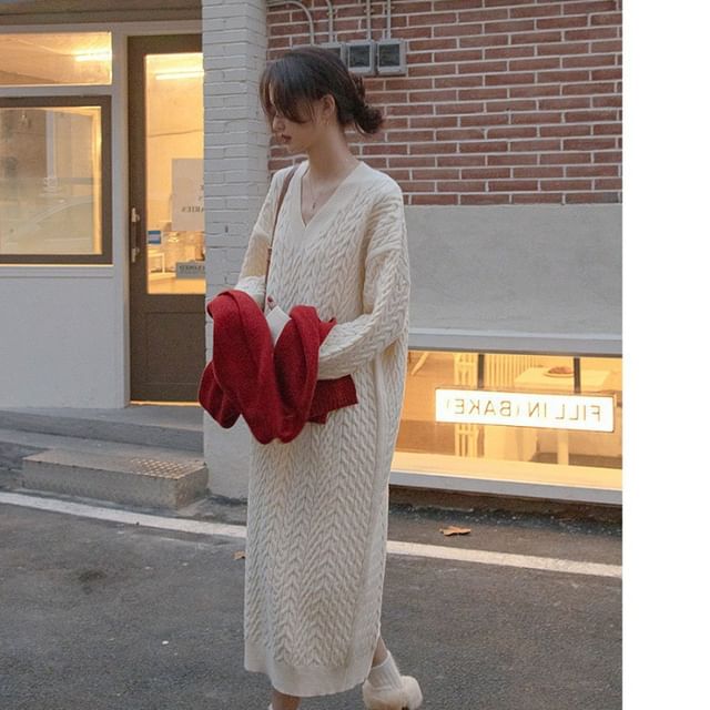 Long-Sleeve Sweater Plain V-Neck Dress Midi