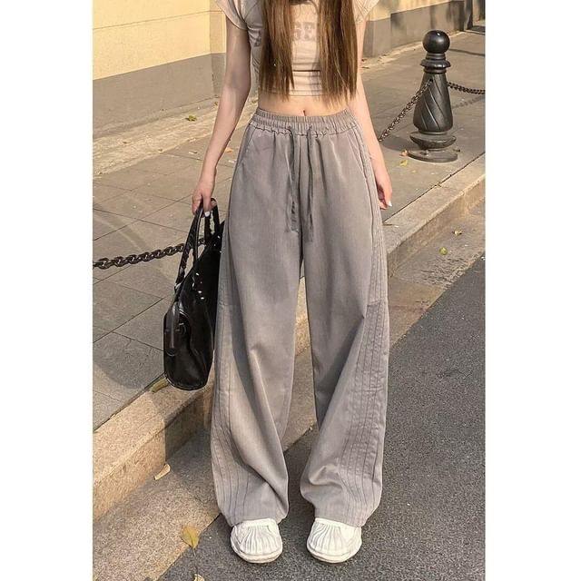 High Waist Plain Striped Loose-Fit Wide-Leg Sweatpants