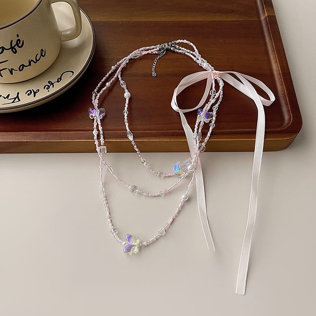 Ribbon Layered Necklace Butterfly Bead