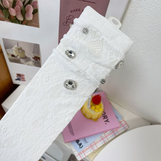 Chaussettes courtes unies en dentelle et strass