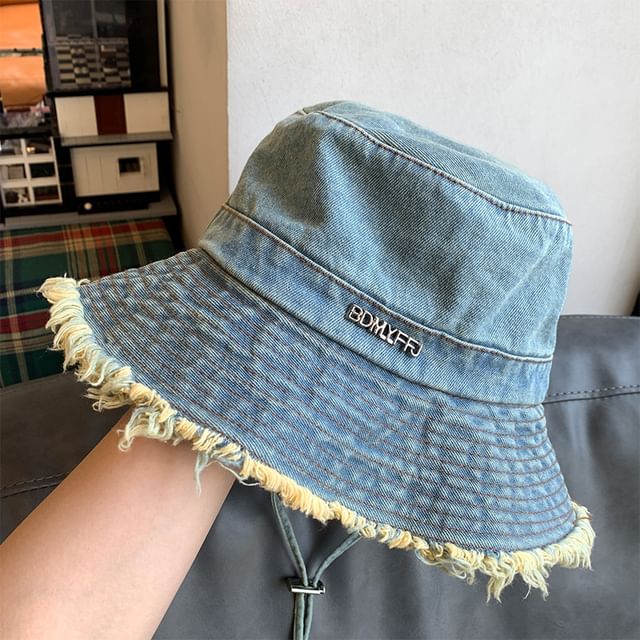 Hat Fringed Denim Bucket Lettering