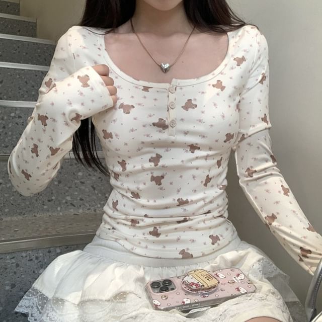 Print T-Shirt Bear Long-Sleeve Henley