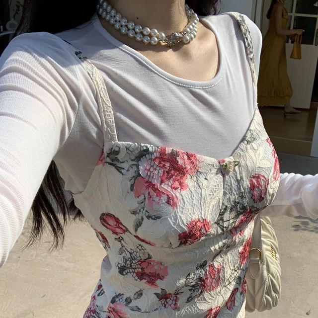 Robe fourreau mini en dentelle à imprimé floral et bretelles spaghetti / T-shirt uni à manches longues et col rond