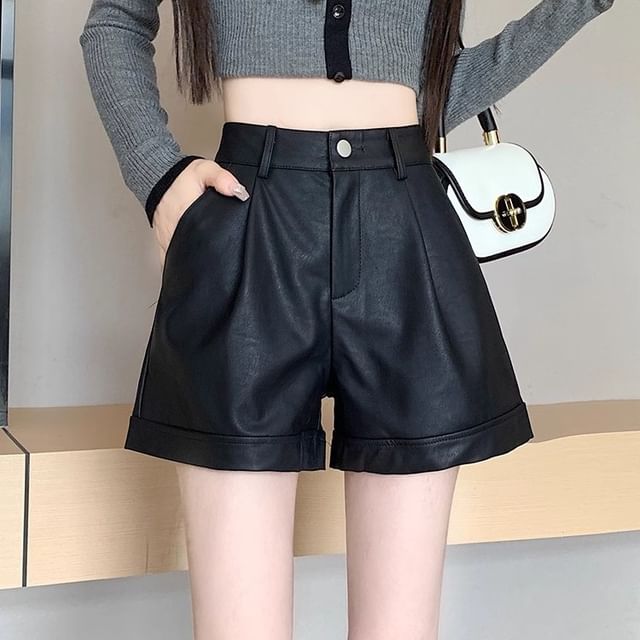 Waist High Faux Shorts Plain Leather