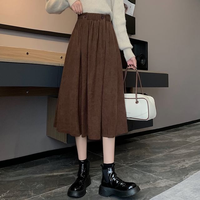 Waist Pocket Midi A-Line Skirt Elastic Plain