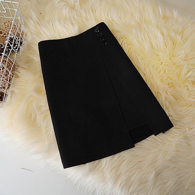 A-Line Mini Plain Skirt Waist High Panel Button