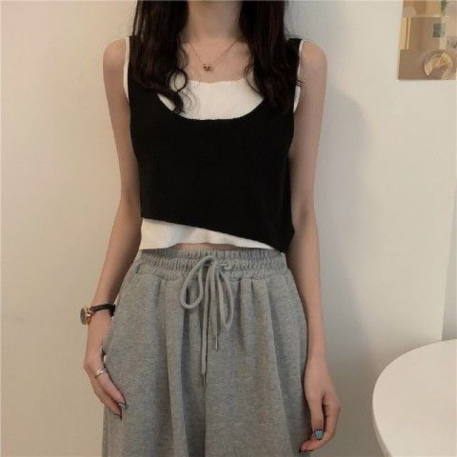 Scoop Top Piece Neck Knit Mock Two Tank