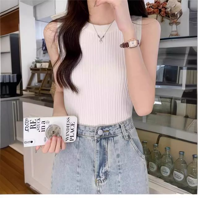 Tank Top Knit Ribbed Plain Neck Crew