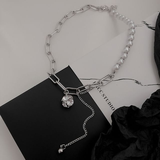 Faux Necklace Chain Pearl Rhinestone