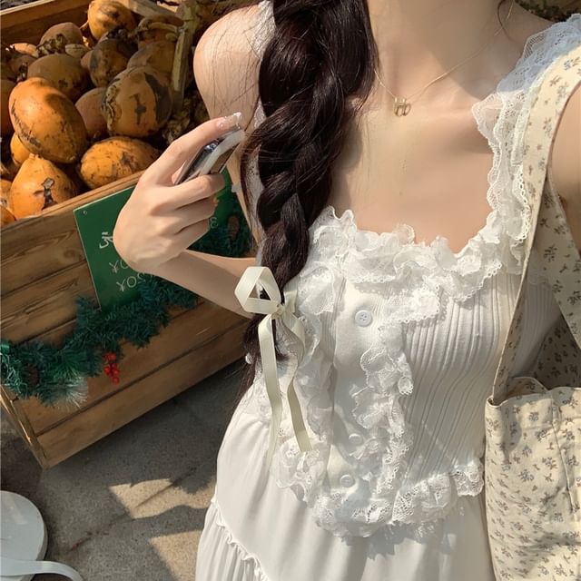 / High Plain Trim A-Line Tank Maxi Top Rise Lace Skirt