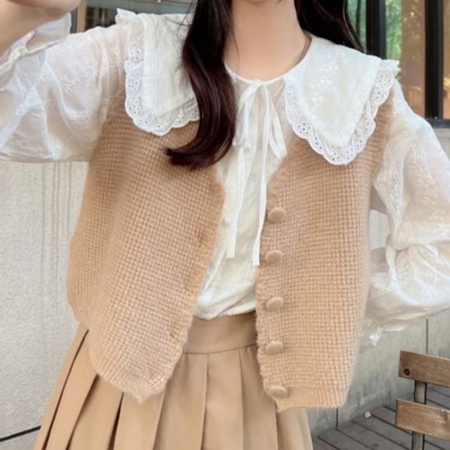 Chemise unie à bordure en dentelle / Gilet à boutonnage simple