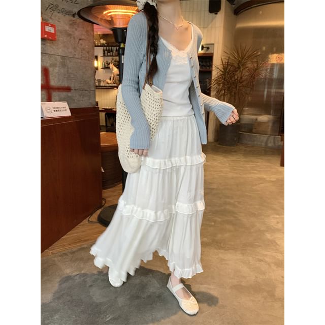 Cardigan uni / Haut caraco à col en V / Jupe trapèze longue à volants taille haute
