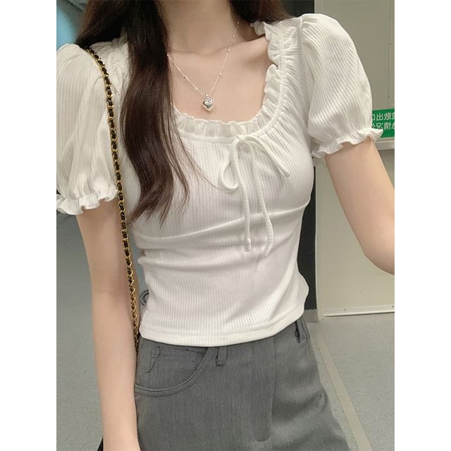 T-shirt uni à manches bouffantes et col rond avec nœud